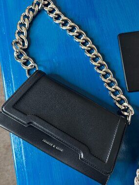 Charles & Keith Black Structured Trapeze Shoulder Bag with Chunky Silver Chain